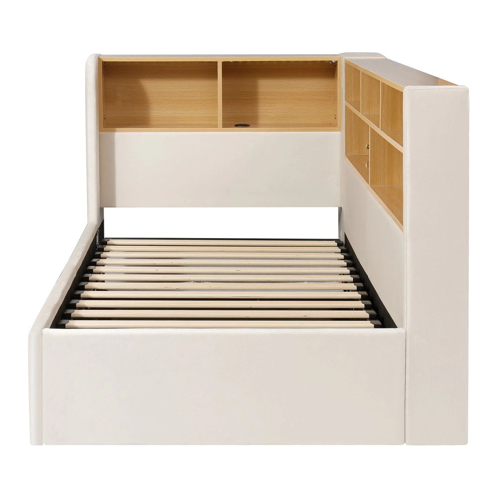 Letto imbottito contenitore con LED ¨C Minimal ¨C Beige velluto 90x200 cm con idraulico