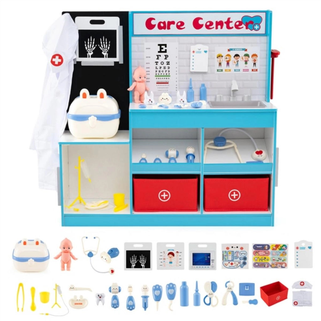 Ufficio del dottore giocattolo medico in legno per bambini, Ufficio del dottore radiografie monitor ecg Blu
