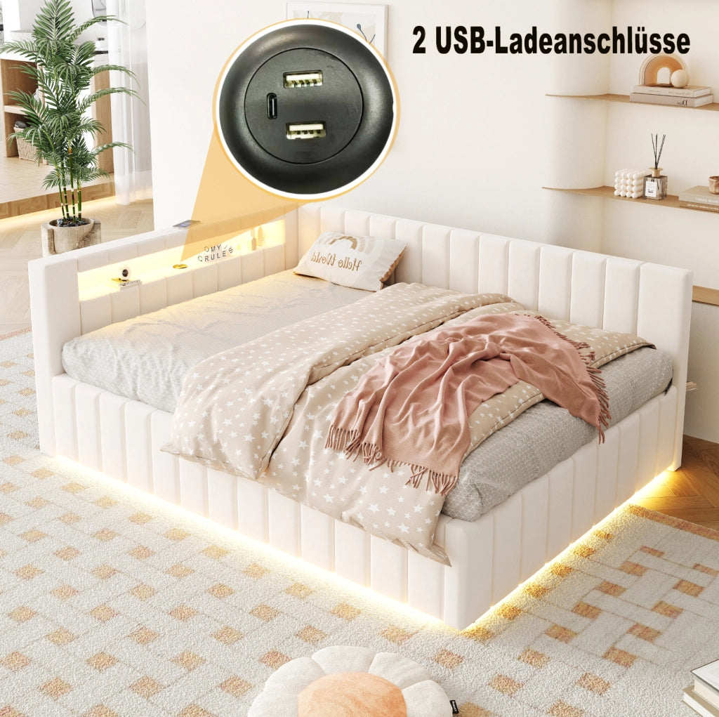 Letto imbottito matrimoniale contenitore 140x200 in velluto beige con LED e USB