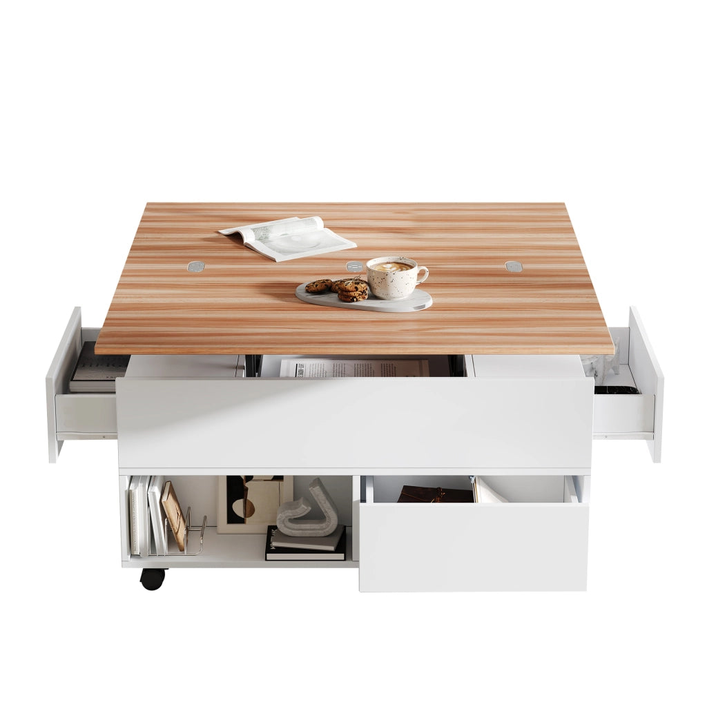 Tavolino da salotto elevabile e allungabile 100x50 cm con cassetti; bianco e rovere