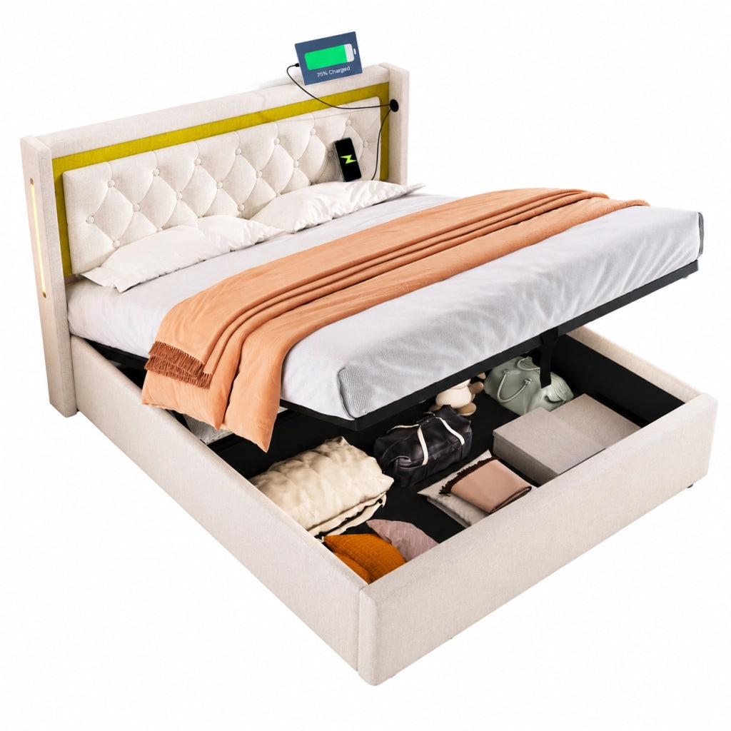 Letti contenitori 140x200 cm con LED e ricarica USB+Type C; cotone beige (Senza materasso)