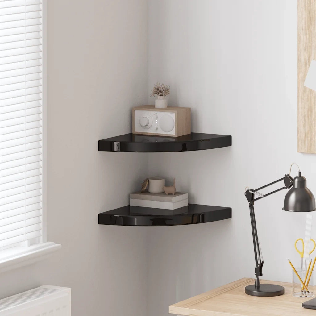 2 pz Scaffali Angolari a Parete | Mensola sospesa Nero Lucido 35x35x3,8 cm MDF