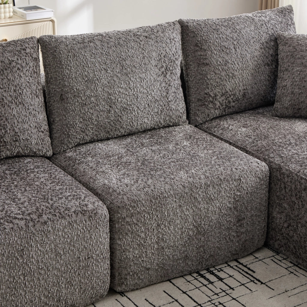 Divano angolare modulare in chenille con portabicchieri e tasche laterali grigio scuro 261 × 165 × 80 cm