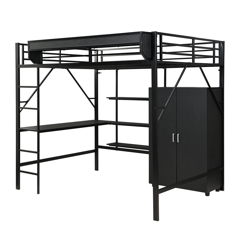 Letto mezzanino-Xylo-140x200cm ferro+MDF 2 livelli ripiano scrivania nero