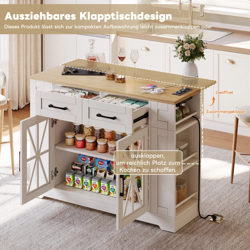 Isola da cucina mobile 120 cm con piano ribaltabile; prese AC e USB; bianco e naturale