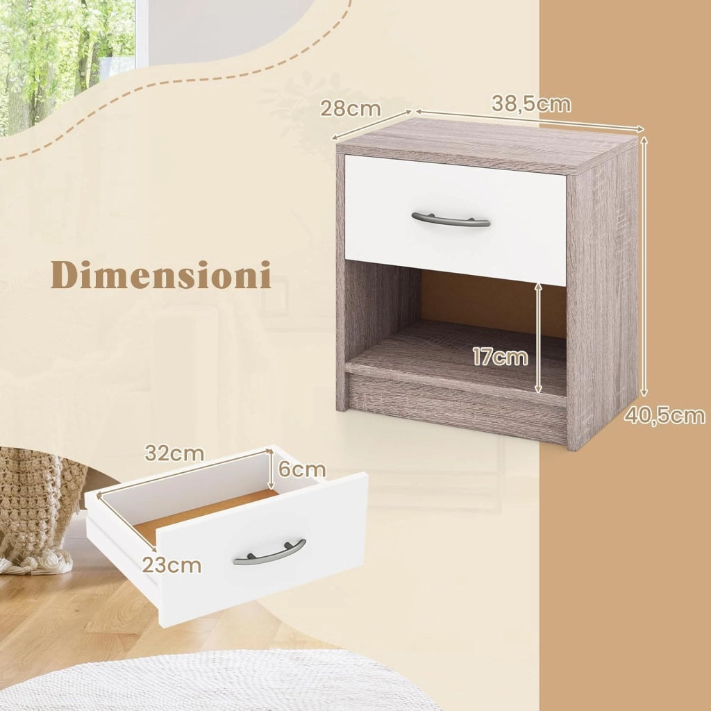 COSTWAY Comodino 38,5 x 28 x 40,5cm in Legno, Tavolino Salvaspazio con Scomparto Aperto e Casseto per Soggiorno e Camera da Letto (Naturale Chiaro+Bianco)
