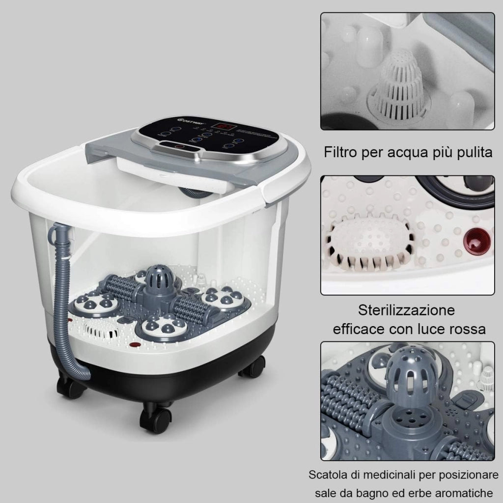Idromassaggio per Piedi Idromassaggiatore Plantare Massaggio Shiatsu, con Funzione Calore Timer e Rulli, Luce a Infrarossi, 15L, Grigio
