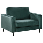 Poltrona in velluto verde scuro con cuscini e gambe in metallo stile moderno minimalista