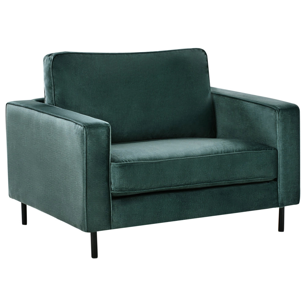 Poltrona in velluto verde scuro con cuscini e gambe in metallo stile moderno minimalista