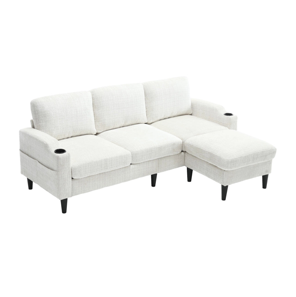 Divano 4 posti beige con pouf contenitore in ciniglia; porta-bicchieri e tasche laterali HOMVRA