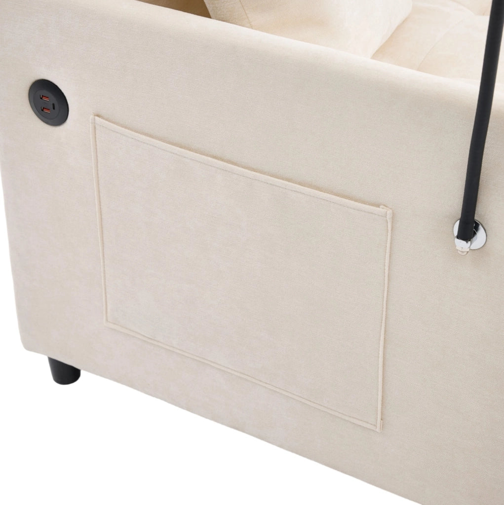 Divano multifunzionale moderno in tessuto Lino spazzolato con porta USB e supporto tablet, dimensioni compatte
