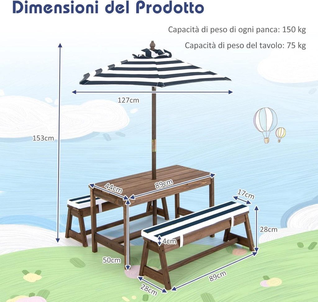 Tavolo da Picnic per Bambini con Parasole Pieghevole, Set di Tavolo e Panca in Legno con Cuscini, per Giardino, Cortile, Patio (Blu)