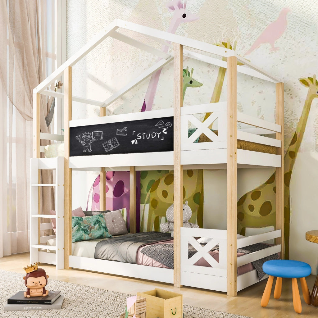 Letto a castello bianco con funzione lavagna in legno massello di pino 90x200 cm