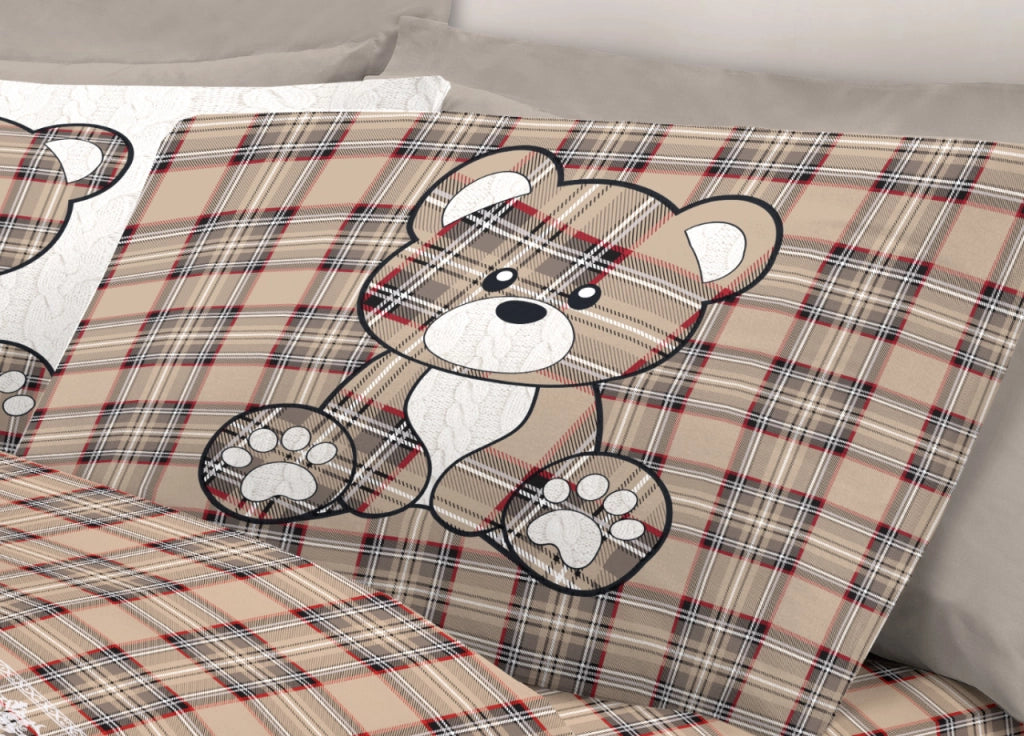 Completo Lenzuola Linea Pensieri Delicati 100% Cotone Disegno Orsetto Tartan - Singolo - Beige