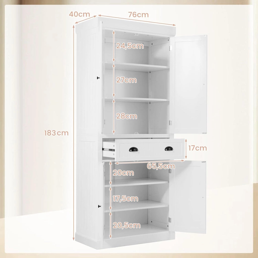 Credenza Alta per Cucina, Mobile da Cucina Moderno con 2 Ante e Cassetto, con Ripiani Regolabili, er Cucina, Sala da Pranzo e Soggiorno, 76 x 40 x 183 cm (Bianco)