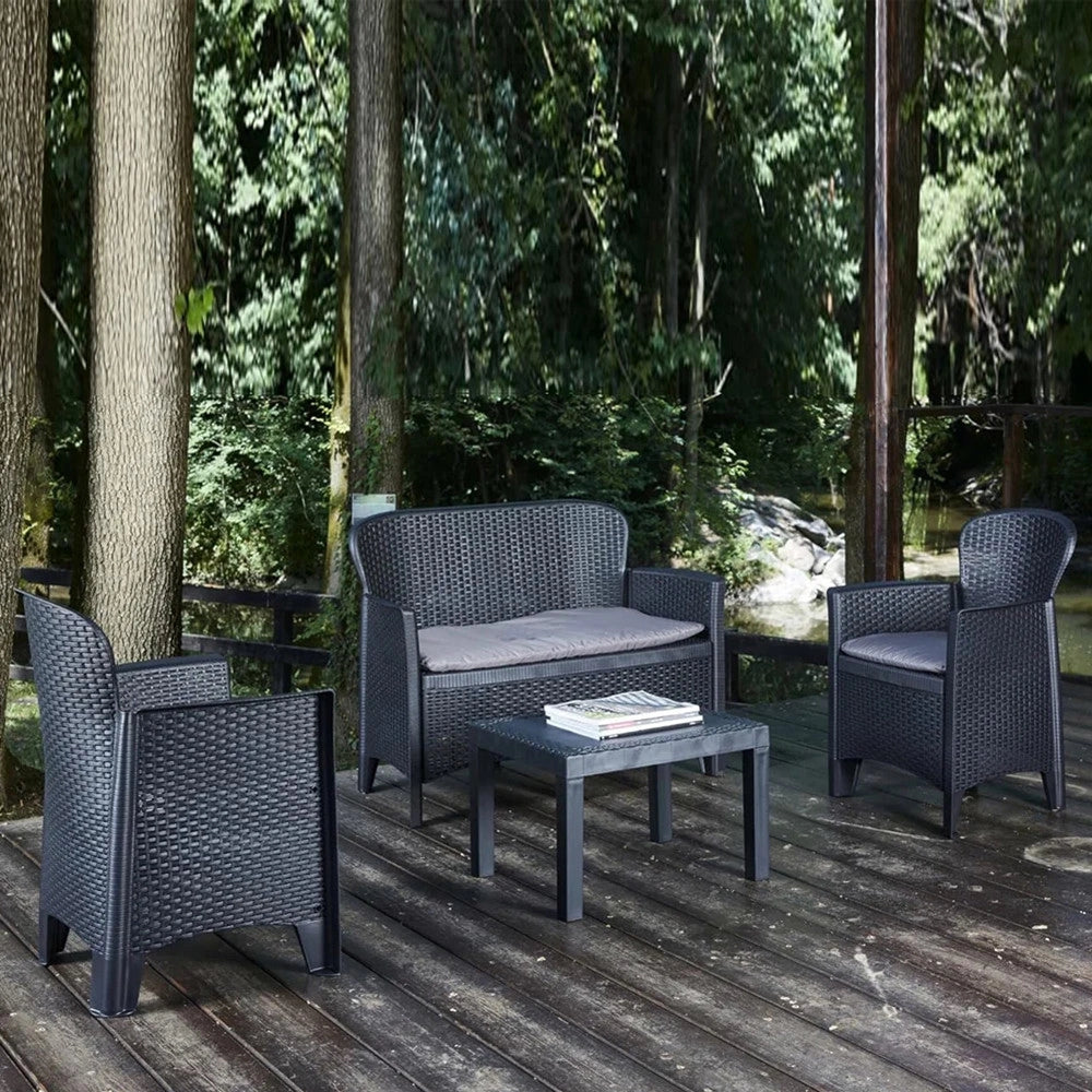 Trade Shop - Set Salotto Giardino Divano 2 Poltrone Tavolino Cuscini Effetto Rattan Antracite 156043 -
