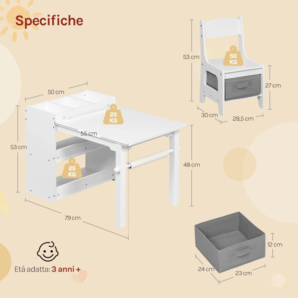 Tavolino Bambini con 2 Sedie, 3 in 1 Scrivania Cameretta in Legno, con Ripiano a 3 Livelli, Portarotolo di Carta e Contenitore Rimovibile, per Asilo, Bianco