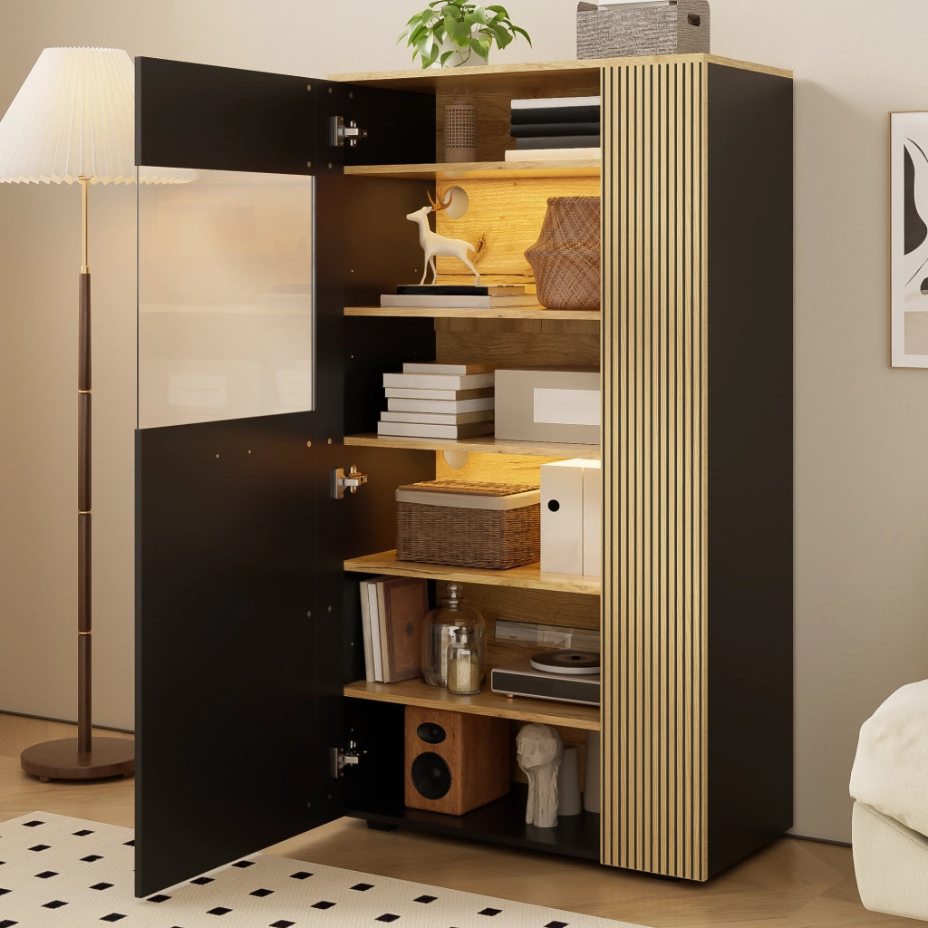 OKWISH Mobile contenitore con 1 anta in vetro, 3 ripiani fissi e 2 regolabili, LED e passacavi, 80 x 40 x 146 cm