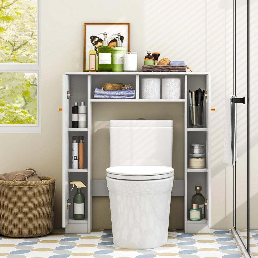Scaffale sopra WC con doppia anta 2 scomparti aperti e 4 ripiani regolabili, Mobile a ponte per bagno Bianco