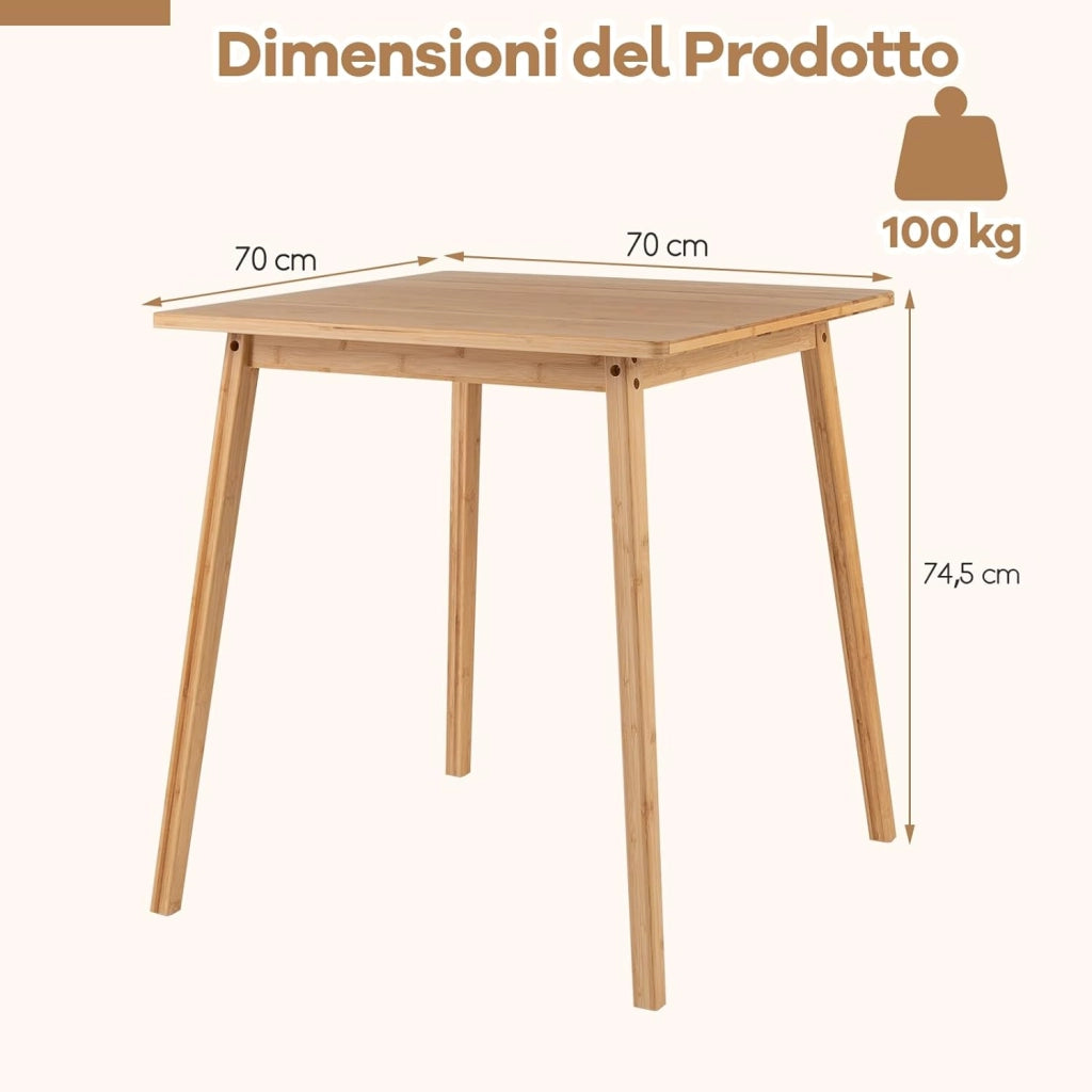 Tavolo da Pranzo in Bambù Ecologico per 4 Persone, Tavolo da Cucina Quadrato, Scrivania Stile Moderno, Tavolino per Spazi Piccoli, Sala da Pranzo, Soggiorno e Appartamento, 70 x 70 x 74,5 cm