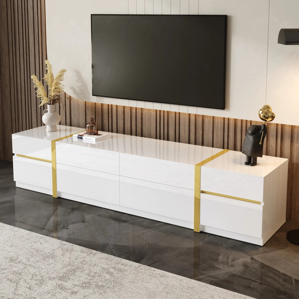 Mobile TV lucido, 4 cassetti, decorazioni a strisce dorate, bianco