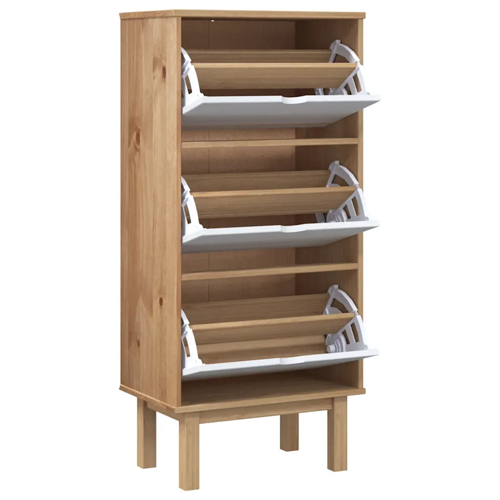 Scarpiera con 3 Cassetti Marrone e Bianco Legno Massello Pino
