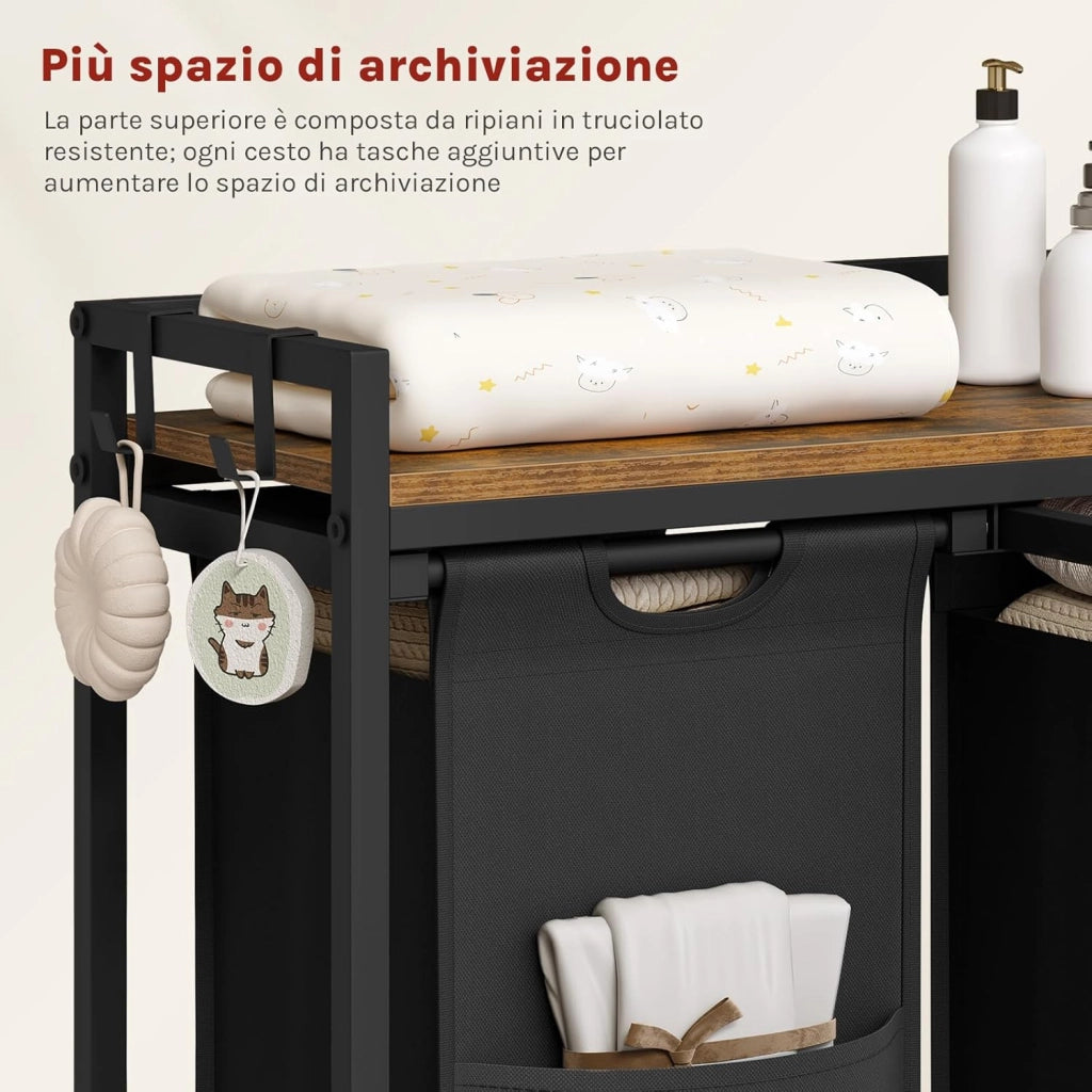 Cesta Biancheria a 2 Scomparti, Cestino Biancheria Sporca con Struttura in Metallo, Sacco per Bucato Rimovibile in Tessuto Oxford, Capacità 40L per Cesto, Nero