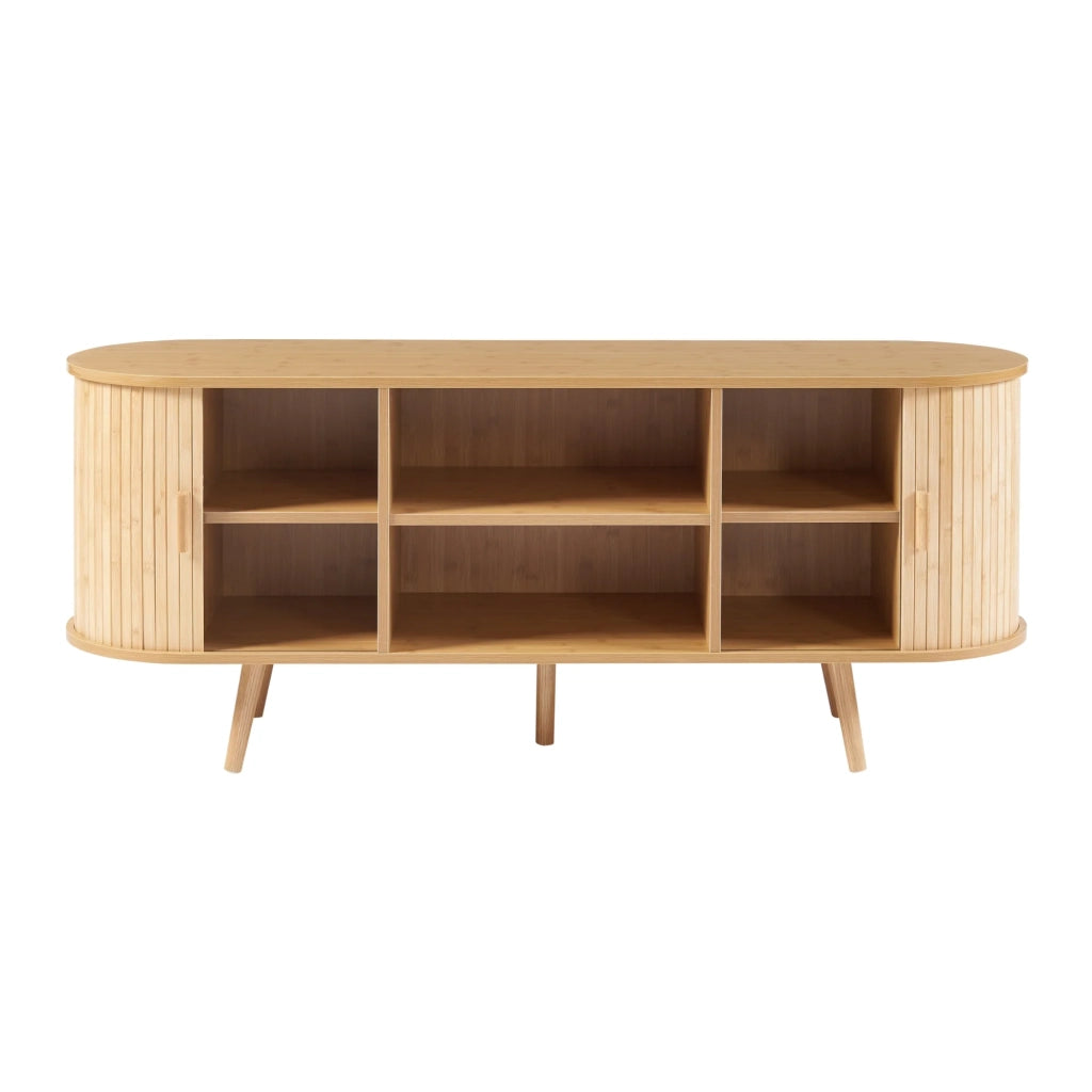 Credenza/cassettiera/mobile contenitore 140 x 40 x 56 cm per soggiorno ingresso camera da letto con ante scorrevoli MDF bambù legno beige 03_0009037