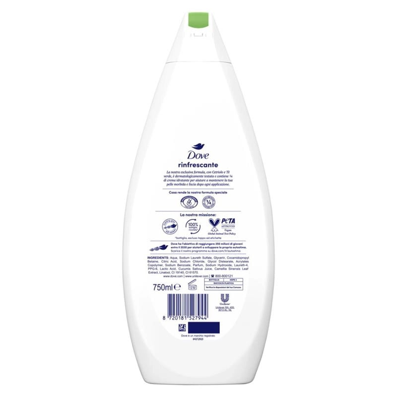 DOVE BAGNODOCCIA RINFRESCANTE CON CETRIOLO E TÈ VERDE FORMATO SPECIALE 750 ML
