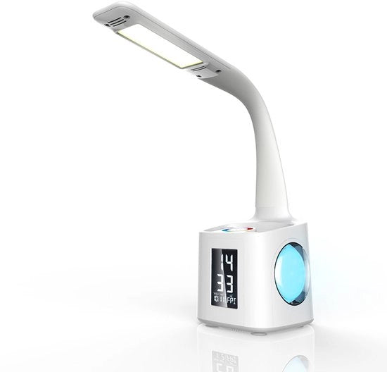 Lampada da scrivania con pen holder LED, batteria ricaricabile, calendario, sveglia, lampada notturna, regolazione di luminosità e protezione dal blu intenso per la stanza di studio dei bambini.