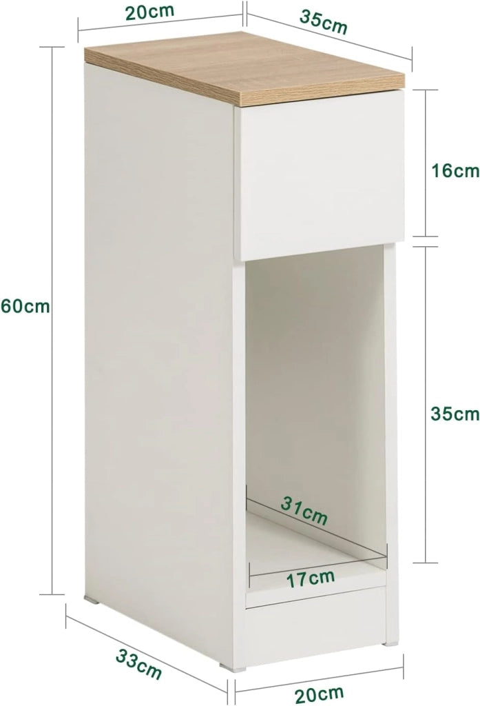 Comodino Sottile comodino per camera da letto con cassetto e ripiano comodini per camera da letto e soggiorno Tavolino divano Bianco L20 x P35 x A60 cm FBT111-WN