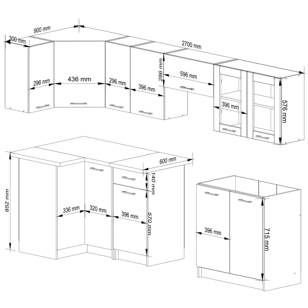 Set da cucina con vetrina AKORD OLIWIA 3,0 m Bianco 300 cm 11 ante 1 cassetto frontale Cemento 300×46×203 cm