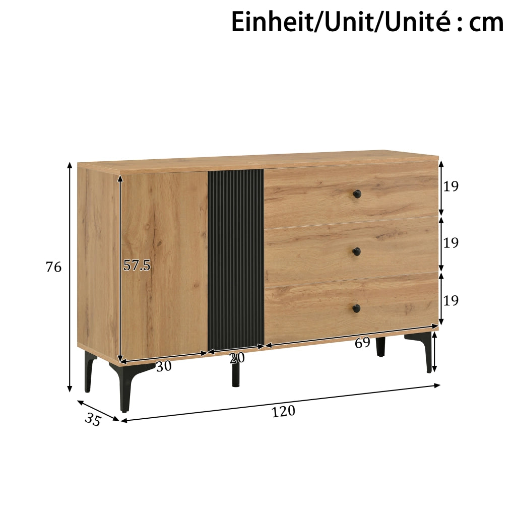 Credenza con 1 Anta e 3 Cassetti; Piedini in Metallo; Stile Moderno; in Pannelli di Particelle; Nero e Naturale; 120??35??76 cm