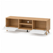 Mobile Porta TV Scandinavo Con 2 Ante Battenti Ripiani Centrali Aperti Gambe Moderne Per Televisori Fino A 75 Pollici Zona Living 180 X 39,6 X 49 Cm Bianco E Rovere