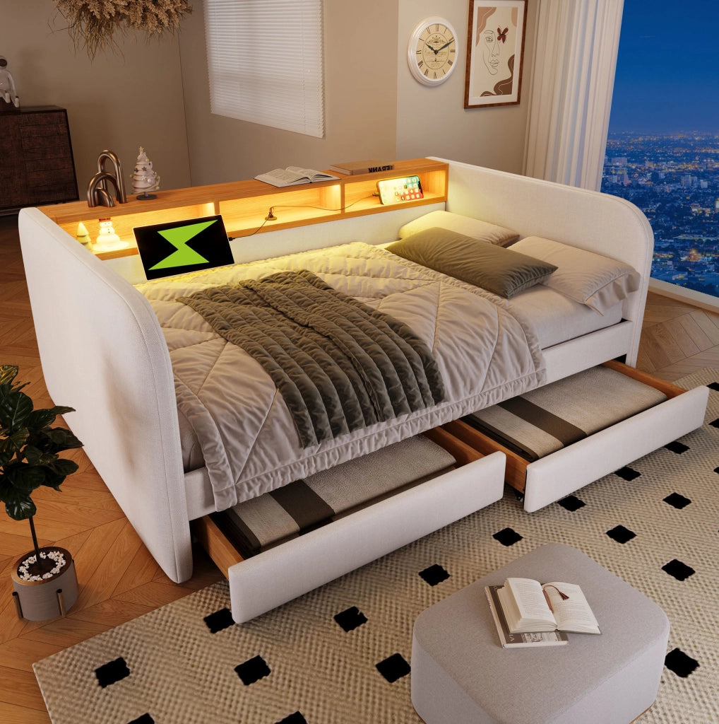 Letto matrimoniale 140x190 cm con LED; USB e Type-C; 2 cassetti; in lino beige chiaro