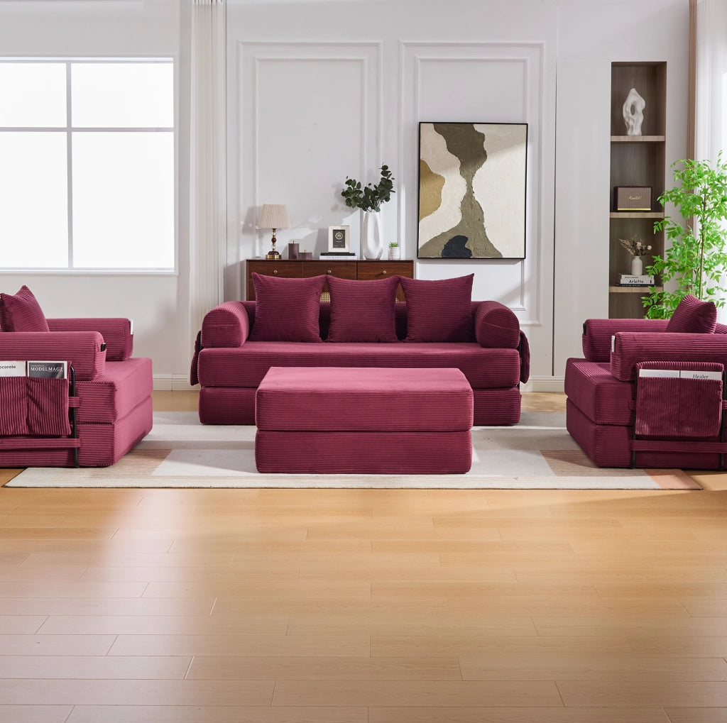 Set divano modulare in velluto a coste con pouf; rosso vino