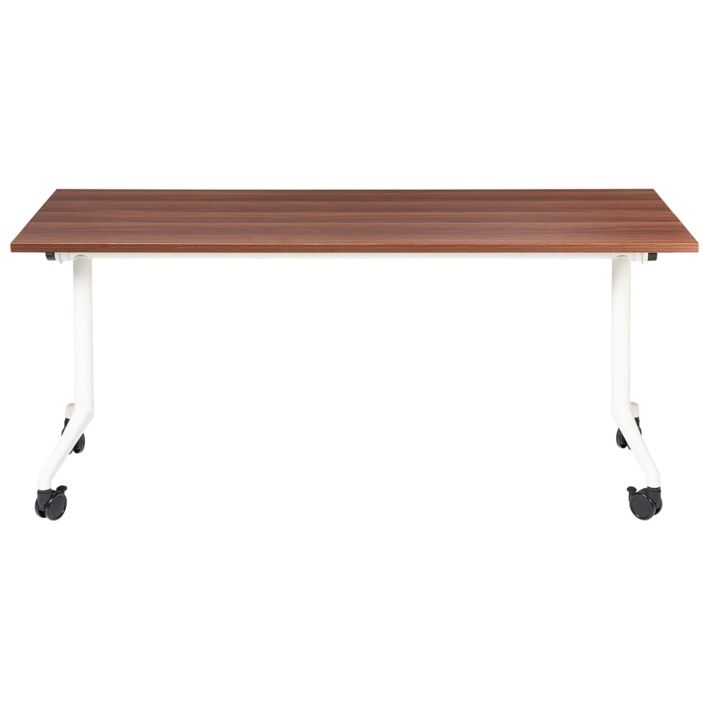 Scrivania rettangolare pieghevole con rotelle portatile con struttura in metallo marrone scuro e bianco 160 x 60 cm stile moderno