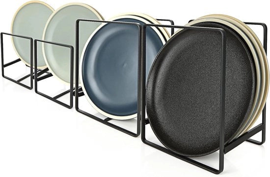 Organizzatore di piatti a 4 cassetti, 2 grandi + 2 piccoli, sostenitori di piatti in metallo per organizzatore di piatti in cassetti per cucina, piatti e coperchi