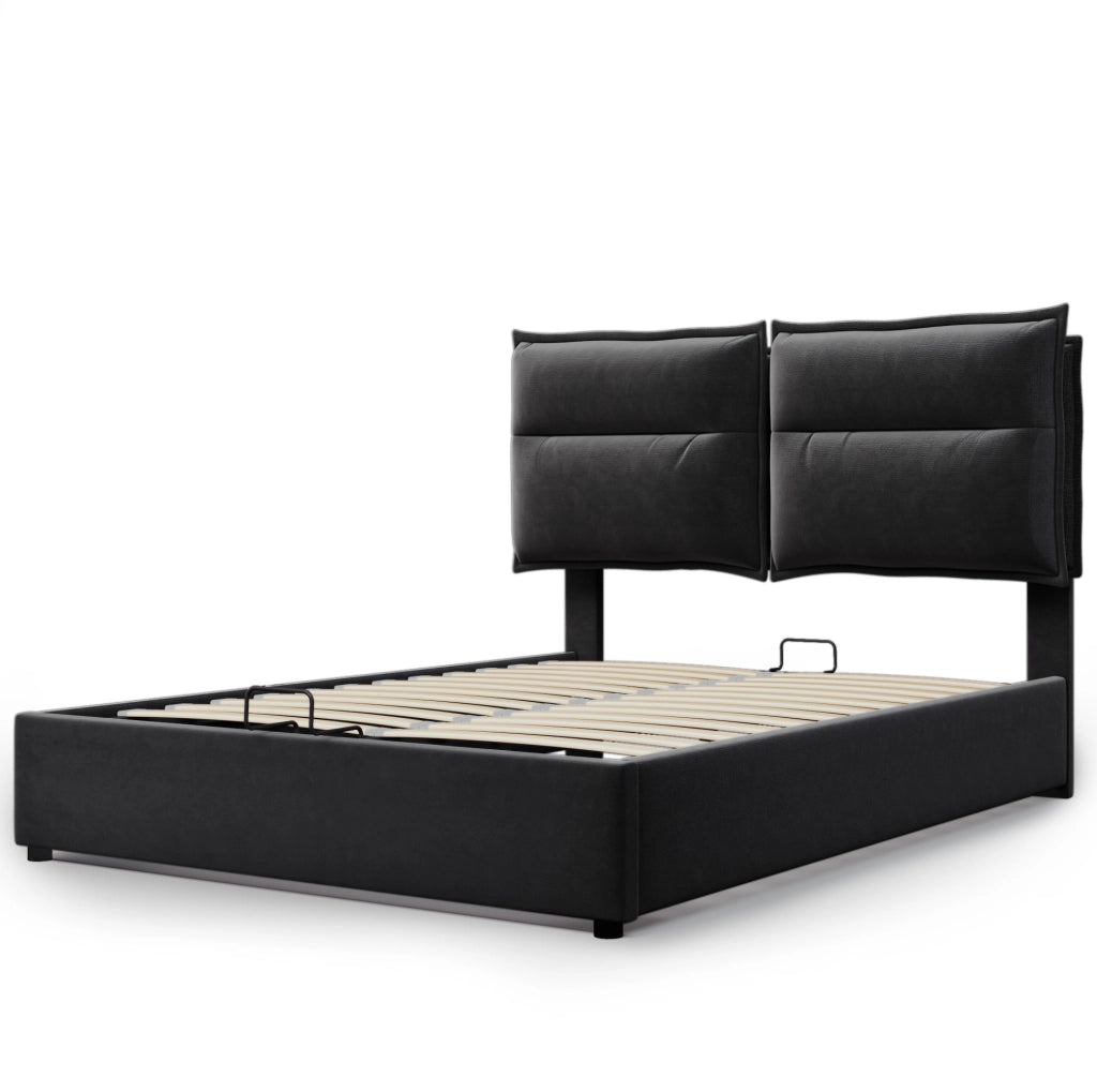 Letto matrimoniale 140x200 cm con contenitore e testiera regolabile; velluto nero