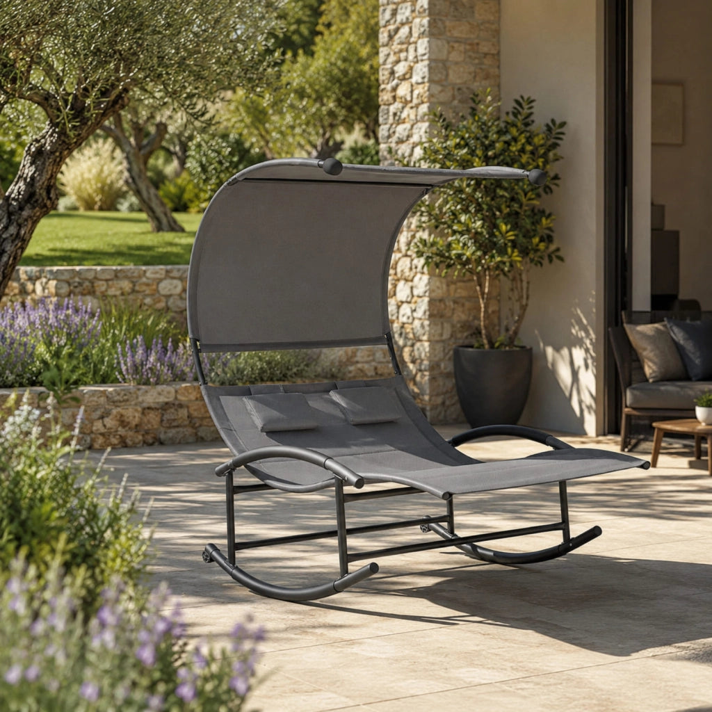 Lettino 2 Posti Dondolo Prendisole Design Ergonomico Con Parasole Integrato In Textilene Traspirante Struttura In Acciaio E Cuscini Ideale Per Giardino Piscina Outdoor 140x200x185 Cm Grigio