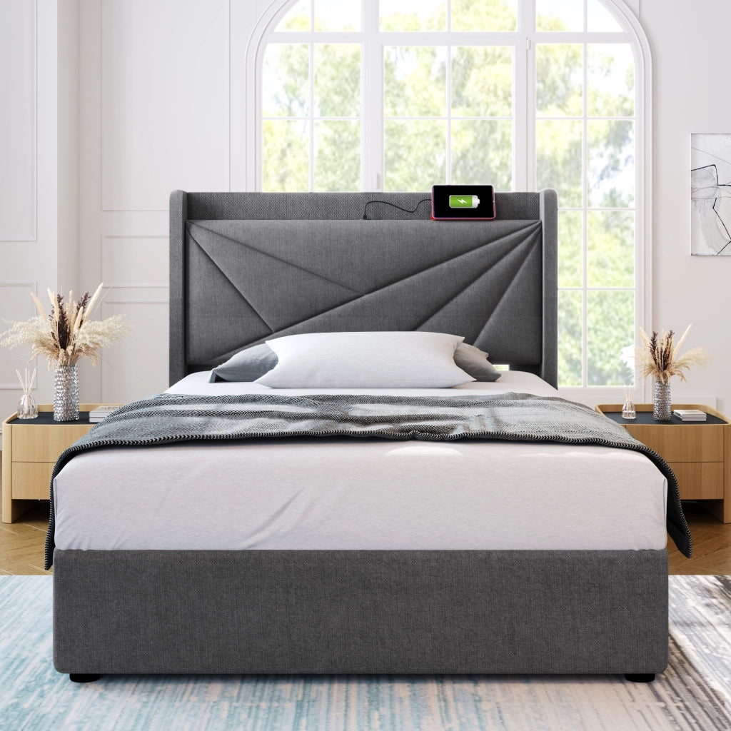 Letto singolo – 90x200 cm – USBC contenitore con materasso – lino