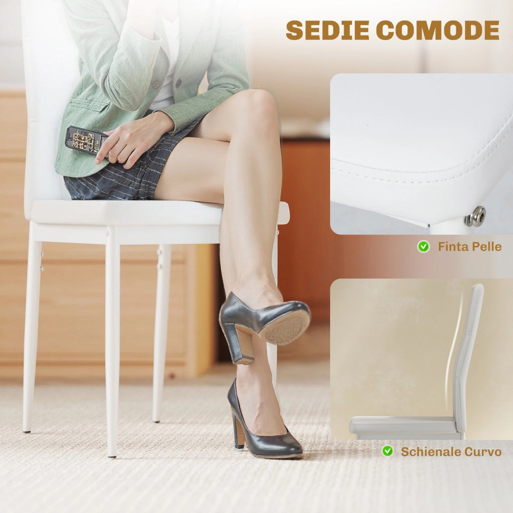 Tavolo da pranzo allungabile con 4 sedie ¨C zephmum ¨C bianco, finta pelle, metallo, vetro temperato