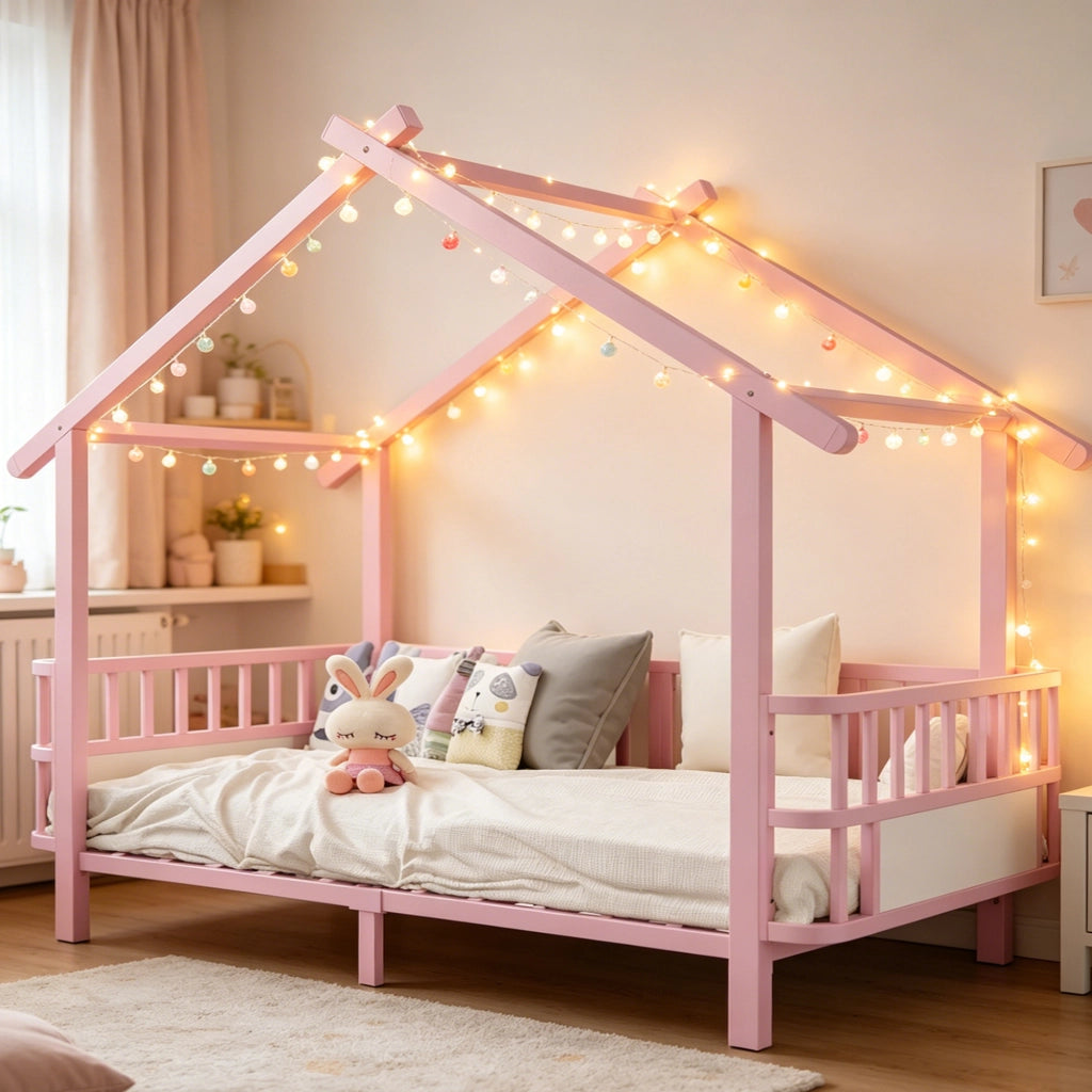Letto per bambini in metallo a forma di casa 90 x 200 cm, con sbarre di sicurezza, design a tetto, rosa