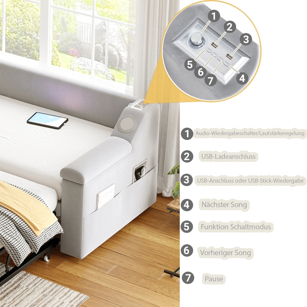 Letto imbottito salvaspazio 90×190 cm e 180×190 cm con USB; ripiani e Bluetooth; senza materasso; grigio chiaro