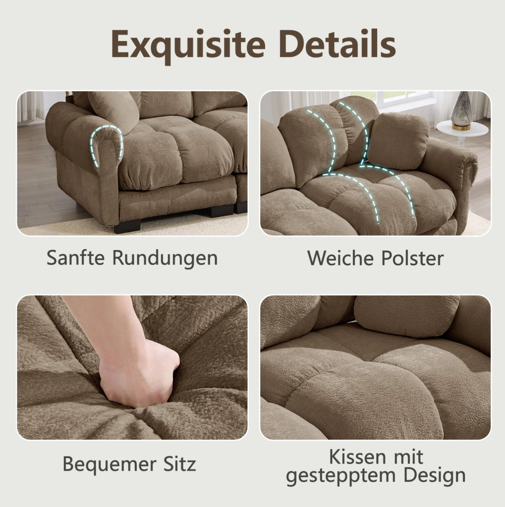Divano angolare modulare a L 4 posti con pouf mobile 330x149x90 cm in ciniglia marrone