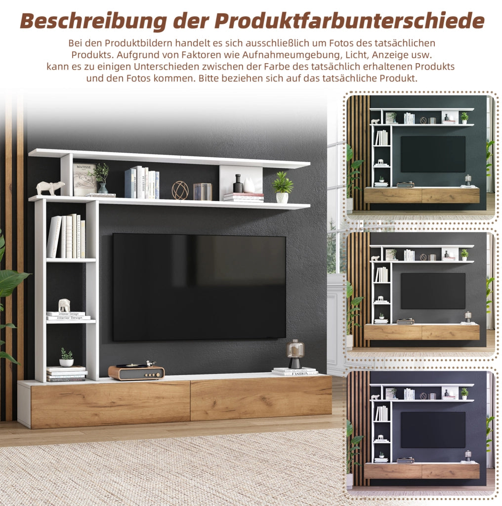 Mobile porta TV modulare con pensile e ripiani, bianco e legno