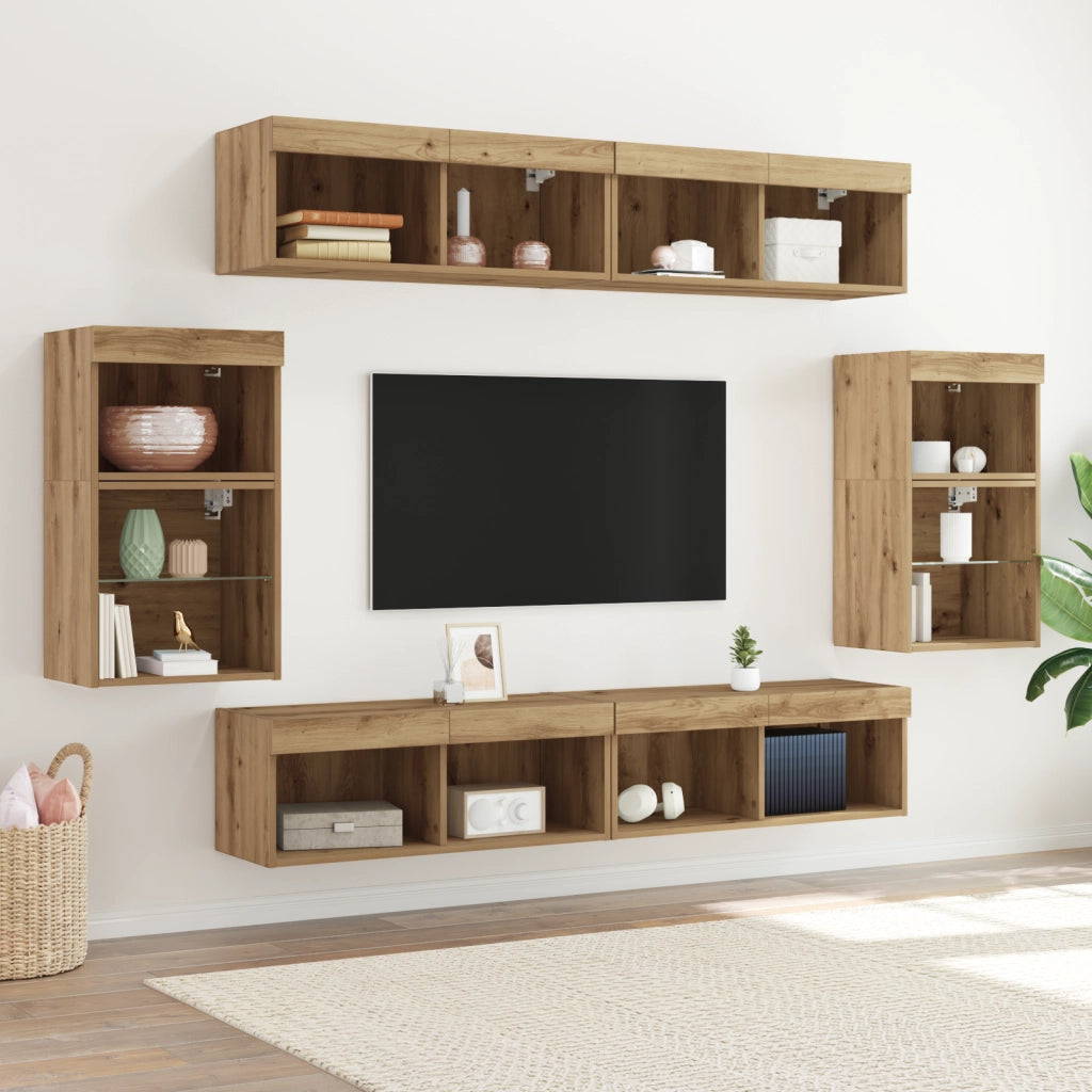 UnitÃ  TV da 8 pezzi con luci LED in legno ingegnerizzato e finitura in rovere artigianale