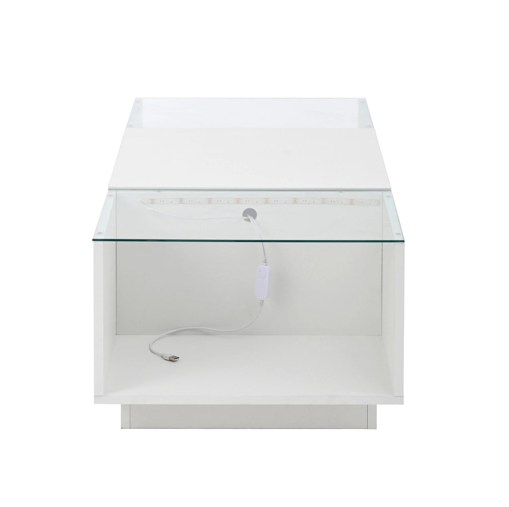 Tavolino da salotto moderno 105 x 50 x 35 cm bianco lucido con LED; ripiani e cassetti