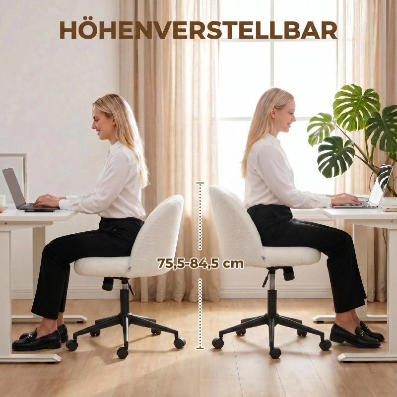Sedia da ufficio girevole in tessuto teddy con altezza regolabile e rotelle in poliestere bianco crema ergonomica