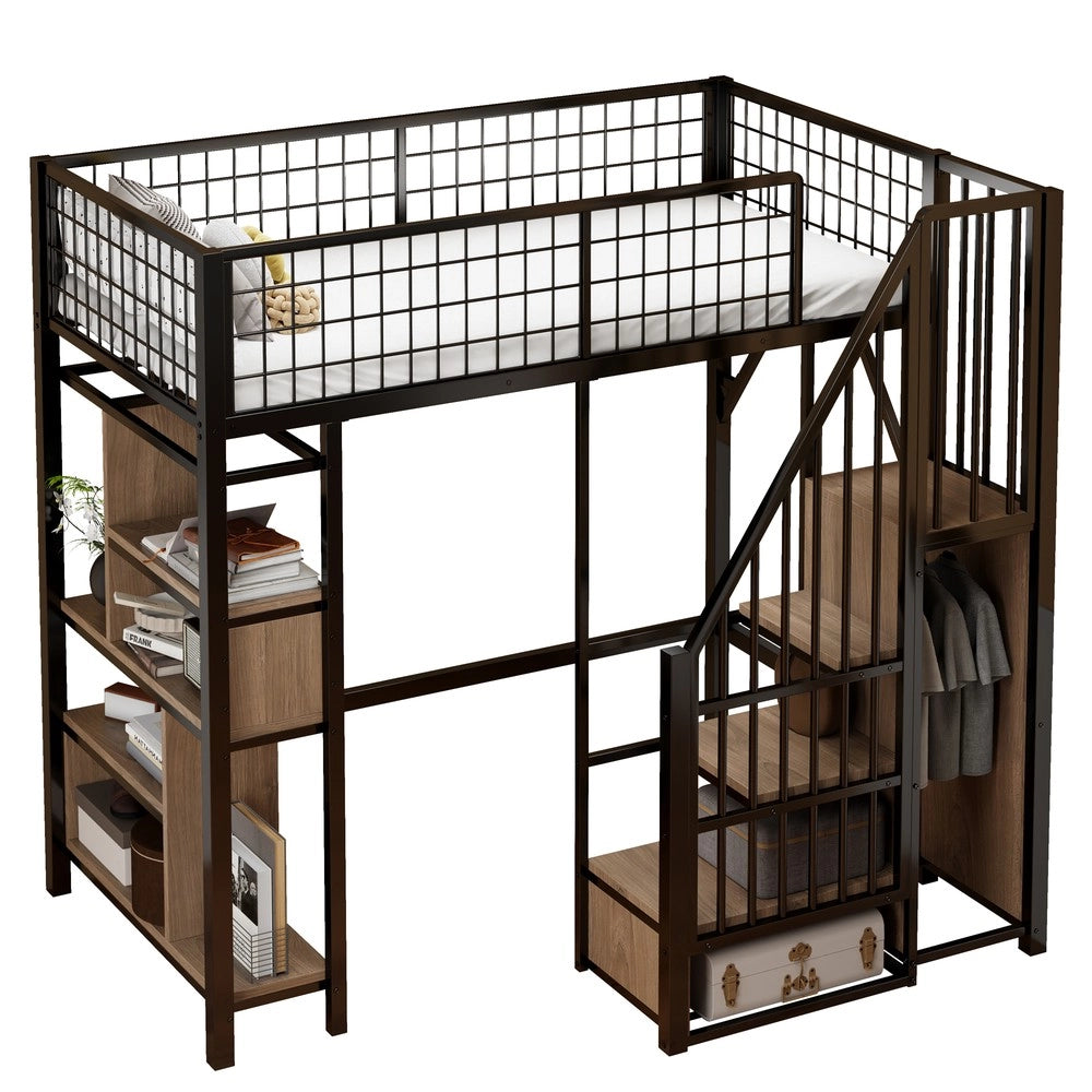 Letto a Soppalco Multifunzionale ¨C MINIMAL ¨C Metallo, Contenitore, Scala, 90x200, Nero